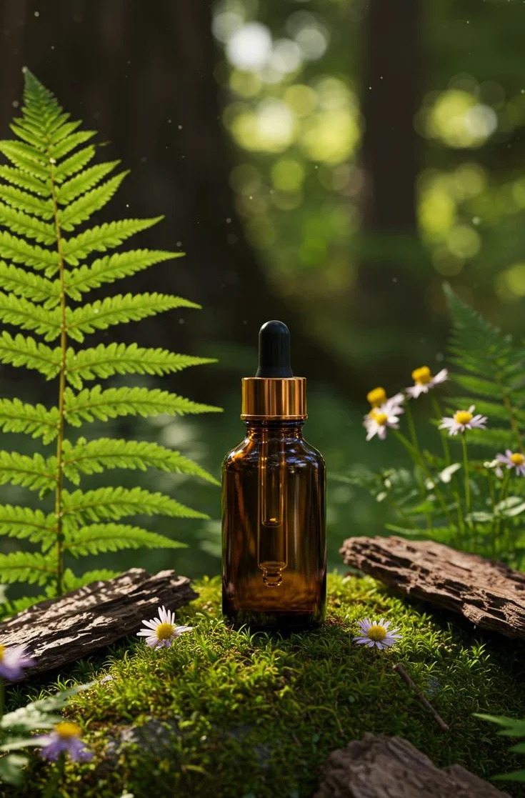 Amber glass essential oil bottle in natural forest environment with moss and wildflowers