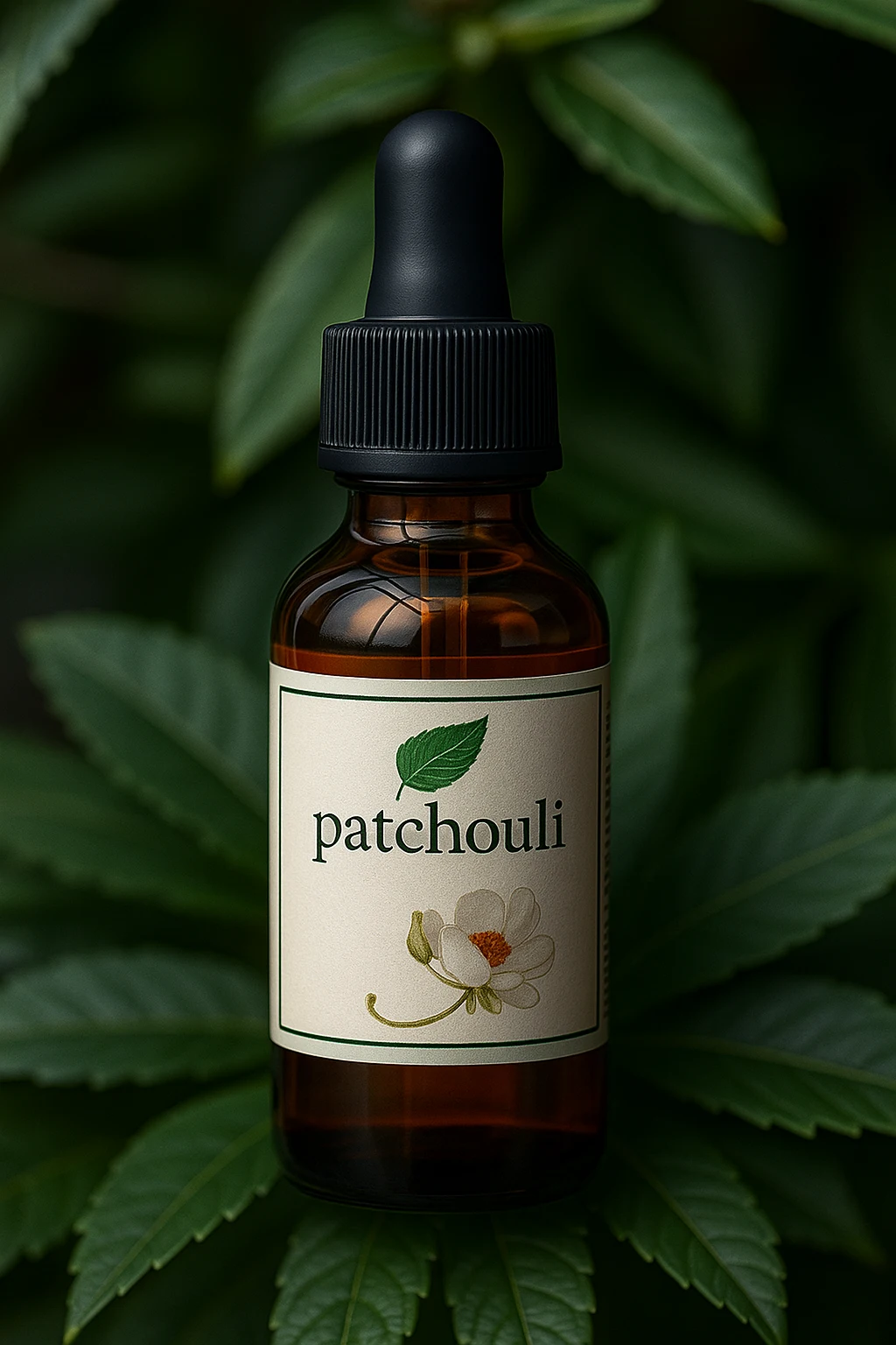 Patchouli essential oil bottle on green leaves background