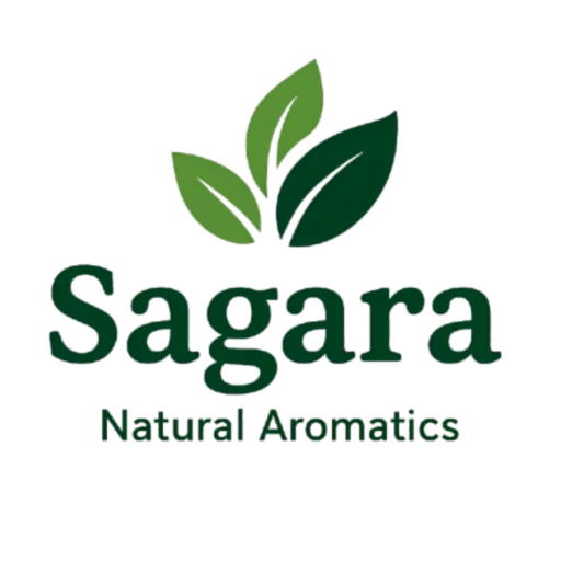 Logo PT Sagara Natural Aromatics dengan tiga daun hijau dan tulisan hijau bertuliskan “Sagara Natural Aromatics”.