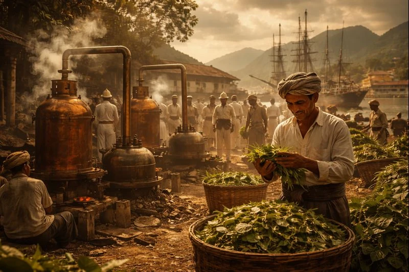 Historical Aceh patchouli oil trade during the Dutch colonial era, showing traditional distillation and export of Aceh patchouli essential oil