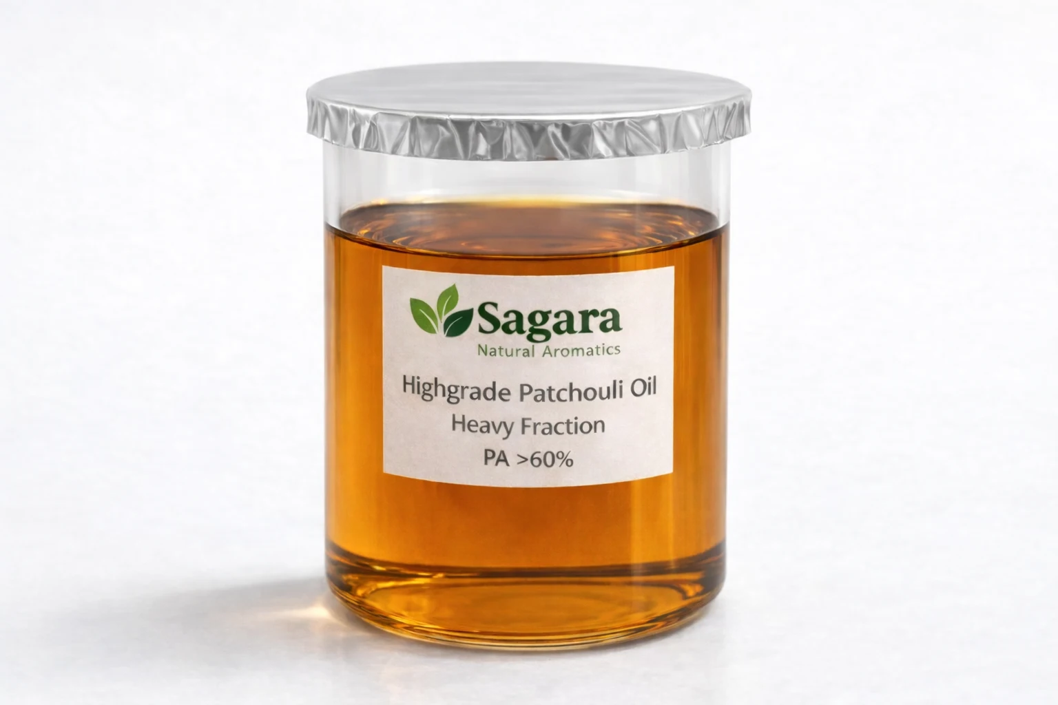 Highgrade Patchouli Oil Heavy Fraction PA >60% by Sagara Natural Aromatics in clear glass jar, premium Aceh Indonesia essential oil